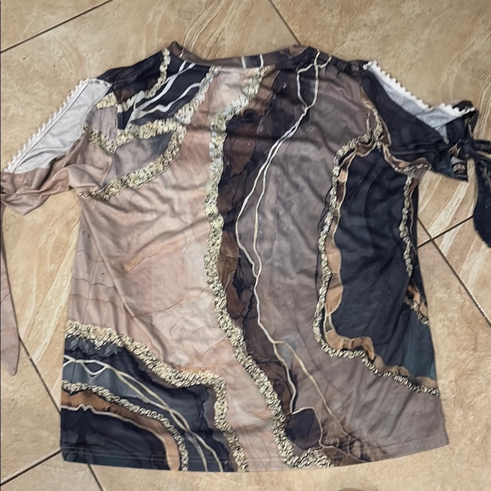 Cream and Blue Asymmetrical Tie Front Blouse